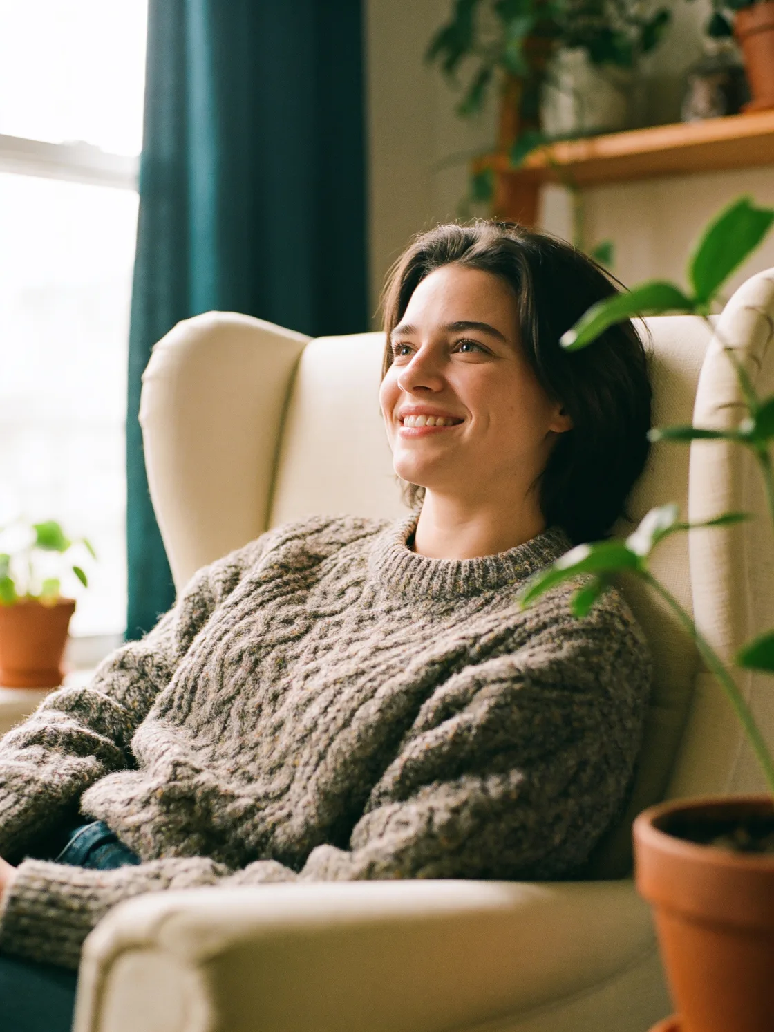A client relaxed and at ease in a warm, sunlit room during a therapy session
