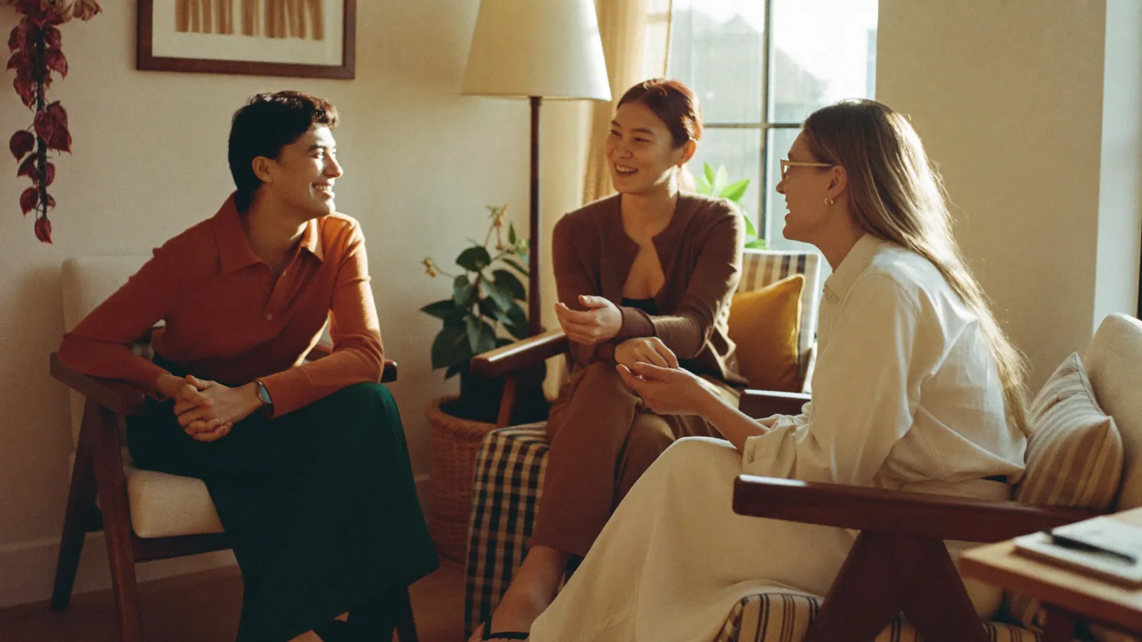 The Culminate Group team in warm conversation in their sunlit, plant-filled Ottawa practice